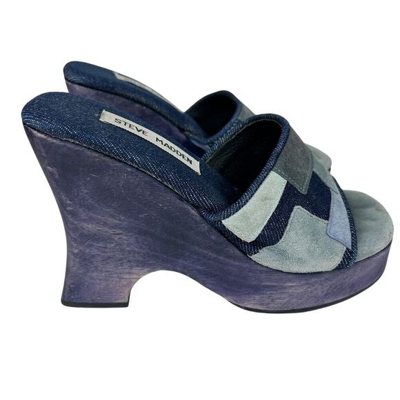 Steve Madden Y2K Wooden Carved Blue Suede Patchwork Heels 6 - Picture 3 of 5